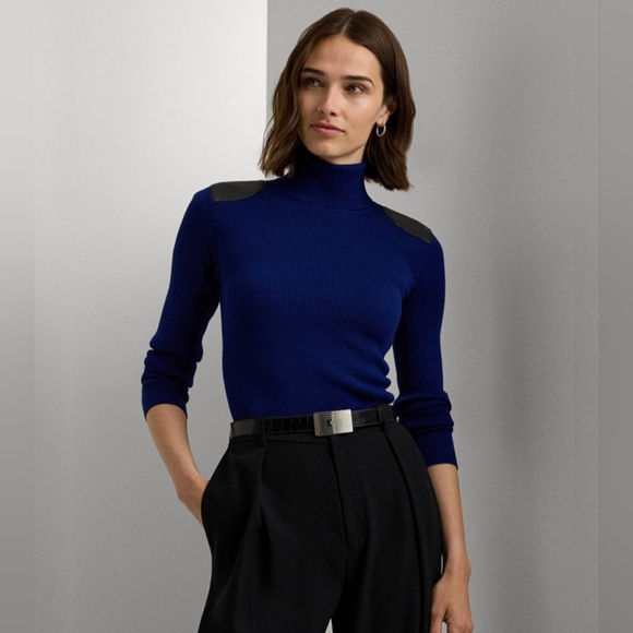 Ralph Lauren Sweaters - RALPH LAUREN WOMEN'S NAVY FAUX LEATHER RIBBED TURTLENECK SWEATER SIZE LARGE